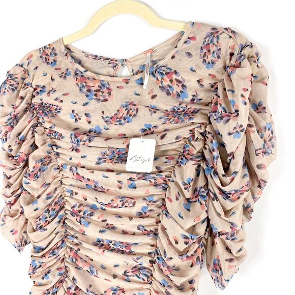 Free People Briella Dress Ruched Midi Tea Combo Floral Side Slit Puff Sleeve M - Picture 7 of 15